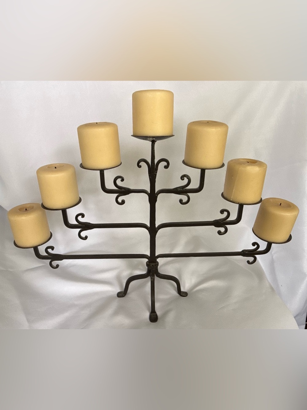 Decorative Iron 5-Arm Candle Holder with Cream Pillars